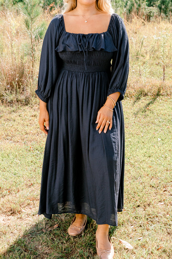 Chic Soul plus size clothing, navy long sleeve square neck flowy maxi dress with ruffle along the neckline