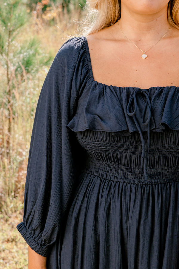 Chic Soul plus size clothing, navy long sleeve square neck flowy maxi dress with ruffle along the neckline