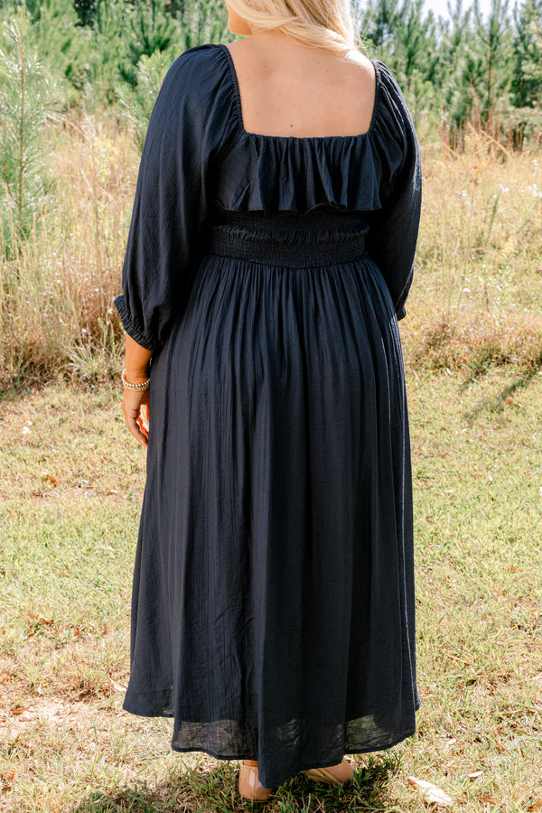 Chic Soul plus size clothing, navy long sleeve square neck flowy maxi dress with ruffle along the neckline
