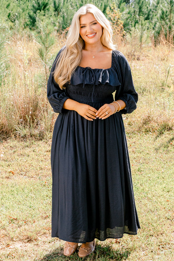 Chic Soul plus size clothing, navy long sleeve square neck flowy maxi dress with ruffle along the neckline