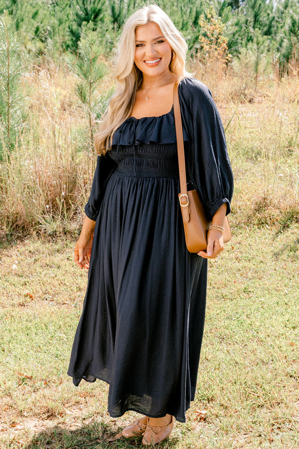 Chic Soul plus size clothing, navy long sleeve square neck flowy maxi dress with ruffle along the neckline
