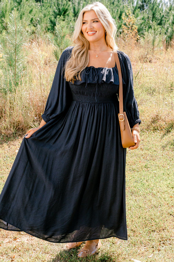 Chic Soul plus size clothing, navy long sleeve square neck flowy maxi dress with ruffle along the neckline