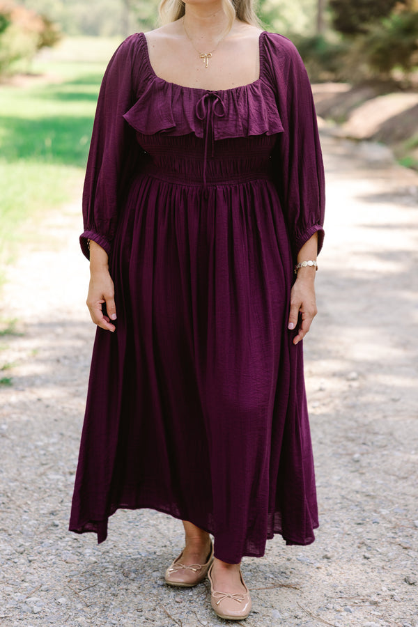 Chic Soul plus size clothing, plum maxi dress with long sleeves and a square neckline that has a ruffle detail on the neckline