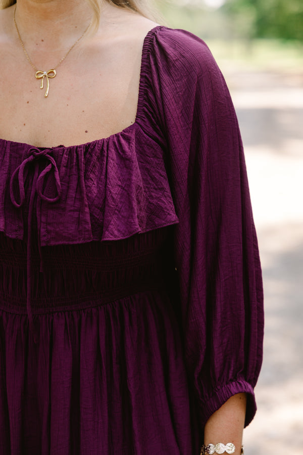 Chic Soul plus size clothing, plum maxi dress with long sleeves and a square neckline that has a ruffle detail on the neckline