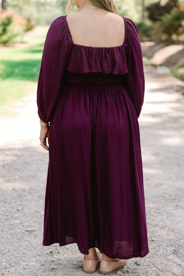 Chic Soul plus size clothing, plum maxi dress with long sleeves and a square neckline that has a ruffle detail on the neckline