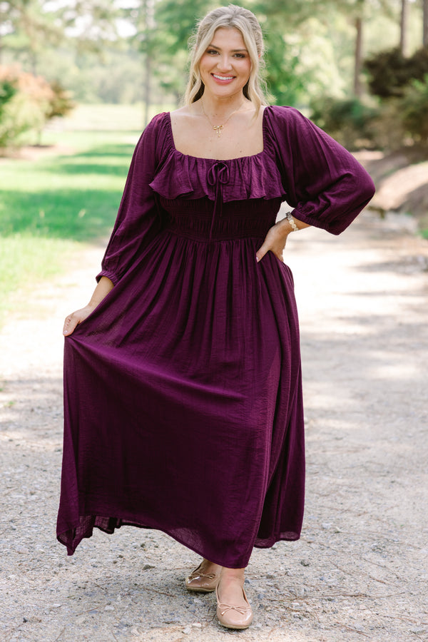 Chic Soul plus size clothing, plum maxi dress with long sleeves and a square neckline that has a ruffle detail on the neckline