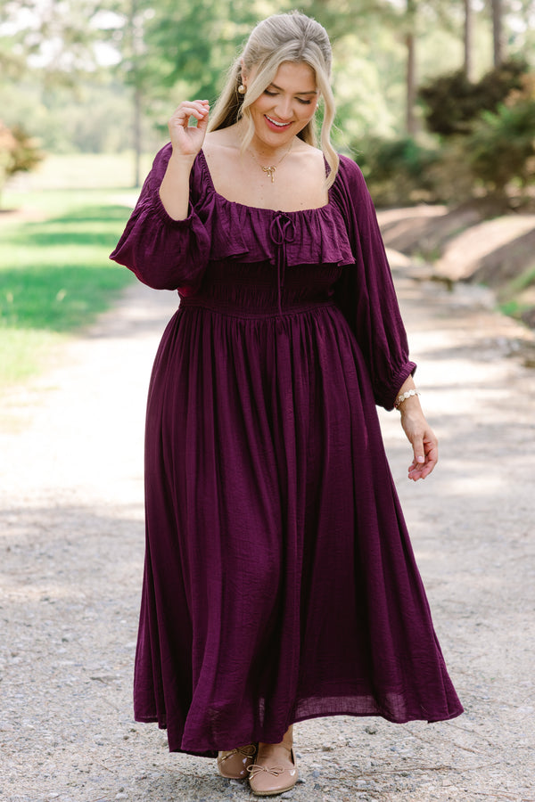 Chic Soul plus size clothing, plum maxi dress with long sleeves and a square neckline that has a ruffle detail on the neckline