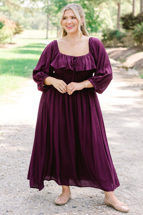 Chic Soul plus size clothing, plum maxi dress with long sleeves and a square neckline that has a ruffle detail on the neckline