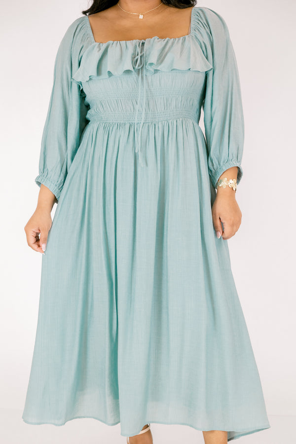 Chic Soul plus size clothing, light blue long sleeve square neck maxi dress with ruffles laong the top and a cinching along the chest