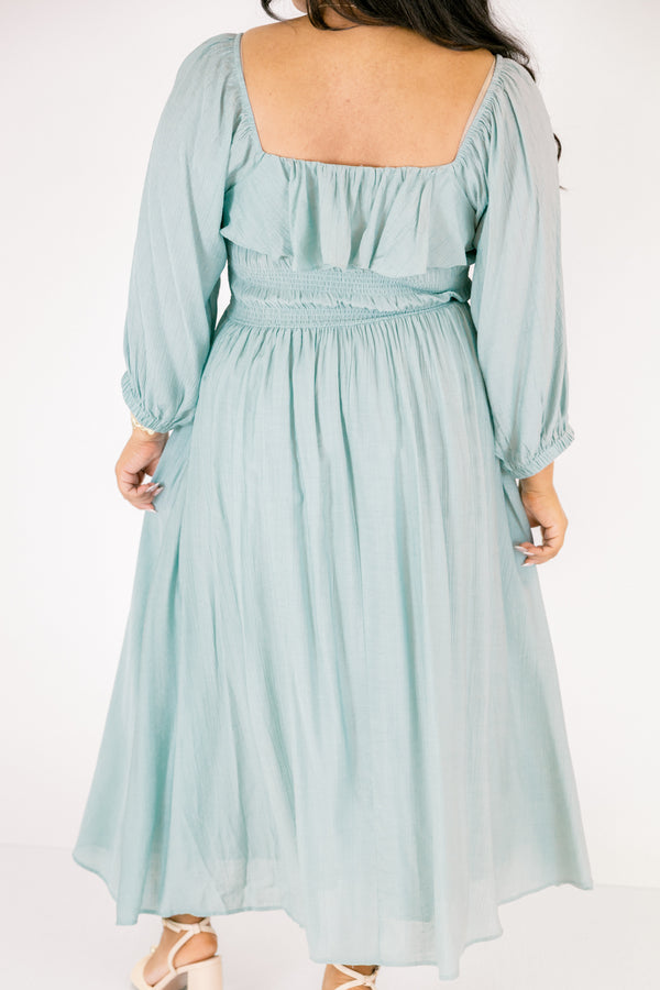 Chic Soul plus size clothing, light blue long sleeve square neck maxi dress with ruffles laong the top and a cinching along the chest