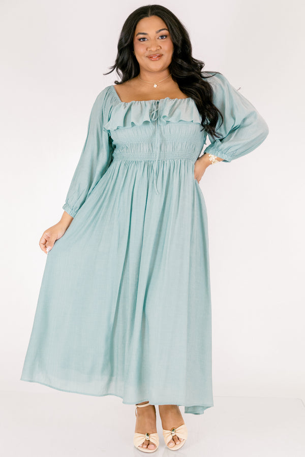 Chic Soul plus size clothing, light blue long sleeve square neck maxi dress with ruffles laong the top and a cinching along the chest