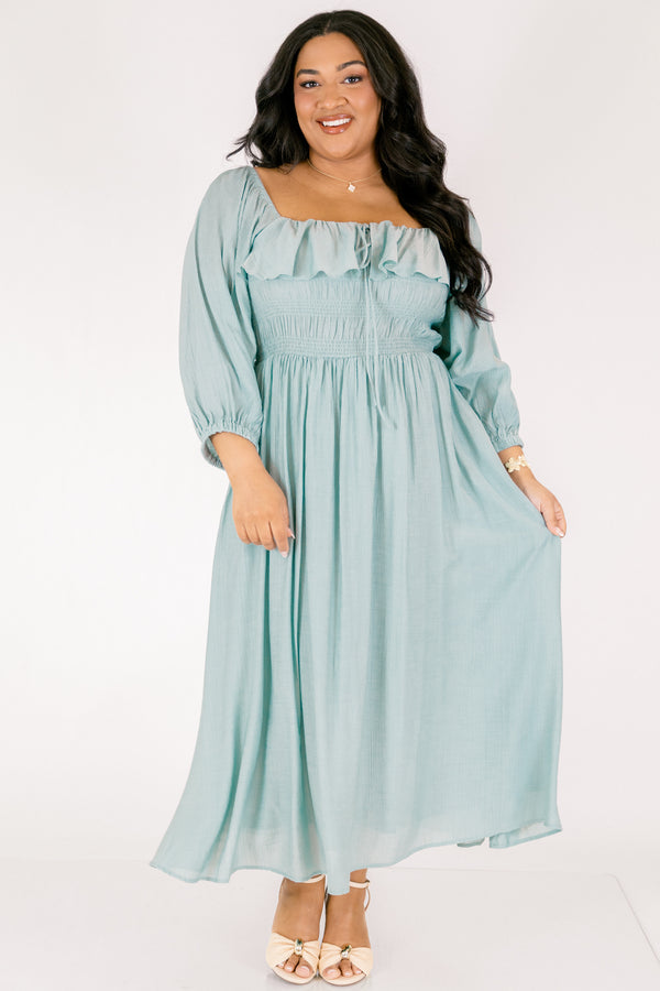 Chic Soul plus size clothing, light blue long sleeve square neck maxi dress with ruffles laong the top and a cinching along the chest