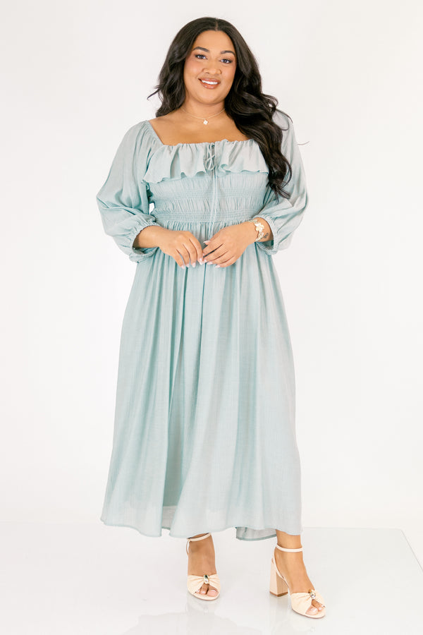 Chic Soul plus size clothing, light blue long sleeve square neck maxi dress with ruffles laong the top and a cinching along the chest