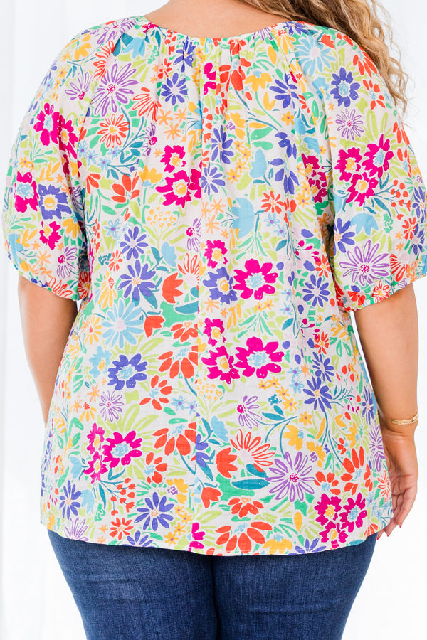 Chic Soul plus size clothing, short sleeve multi colored top with floral pattern and cinched sleeves