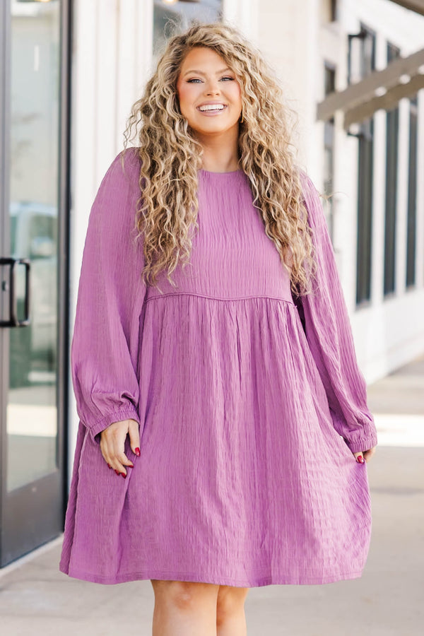 Chic Soul Plus size clothing, mauve knee length dress with long sleeves and high neck.