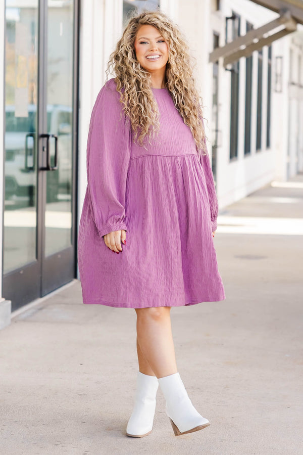 Chic Soul Plus size clothing, mauve knee length dress with long sleeves and high neck.