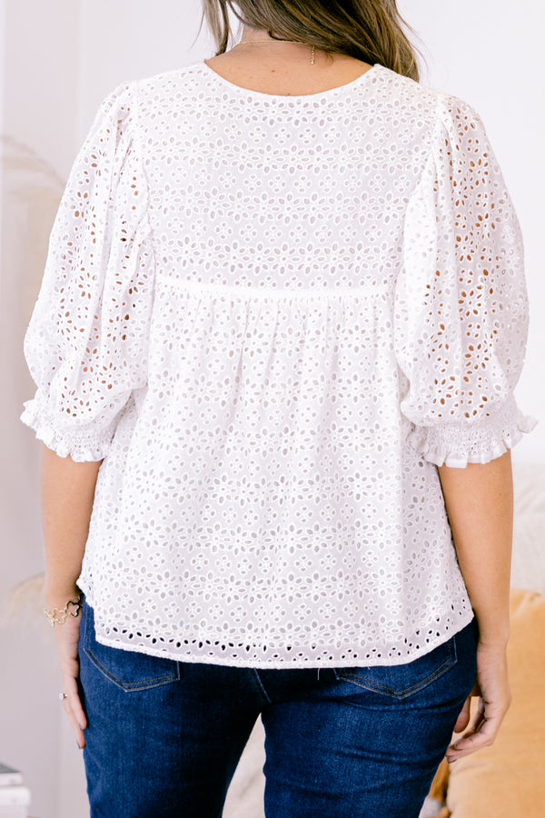 Chic Soul plus size clothing, short-sleeve white lace top with an eyelet pattern and a high-neckline with three bows that tie on the front 