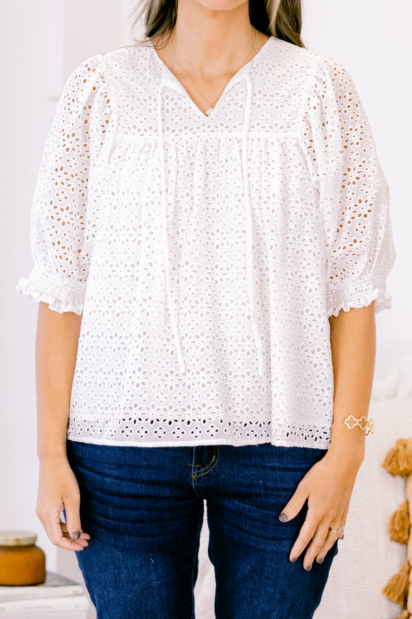 Chic Soul plus size clothing, short-sleeve white lace top with an eyelet pattern and a high-neckline with three bows that tie on the front 