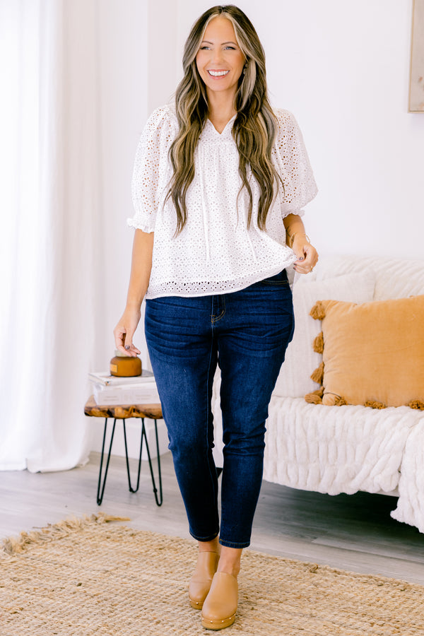 Chic Soul plus size clothing, short-sleeve white lace top with an eyelet pattern and a high-neckline with three bows that tie on the front 