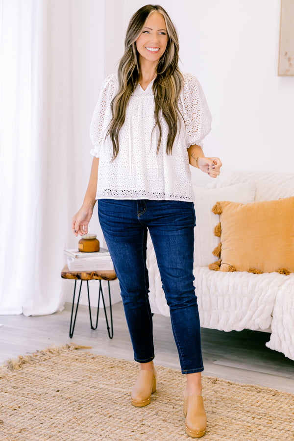 Chic Soul plus size clothing, short-sleeve white lace top with an eyelet pattern and a high-neckline with three bows that tie on the front 