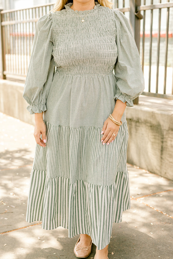 Chic Soul plus size clothing, olive green and white vertical pin stripe long sleeve tiered maxi dress with bubble sleeves and ruffles at the end and textured bodice 
