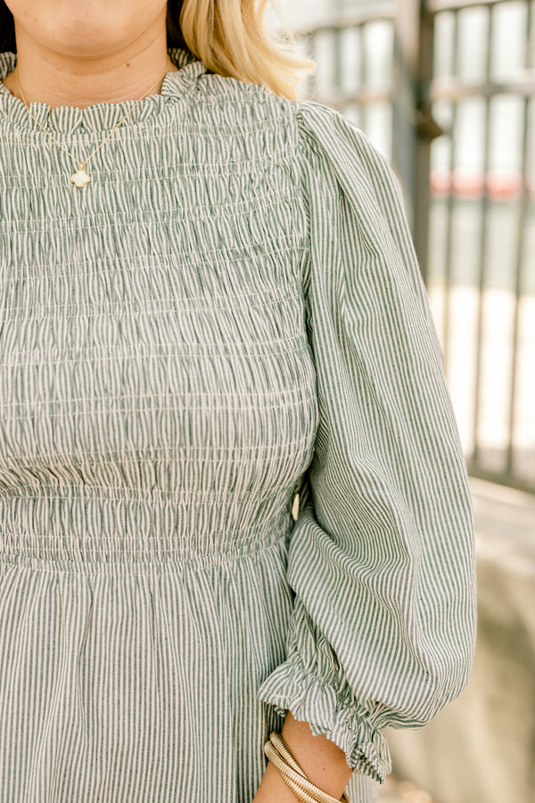 Chic Soul plus size clothing, olive green and white vertical pin stripe long sleeve tiered maxi dress with bubble sleeves and ruffles at the end and textured bodice 
