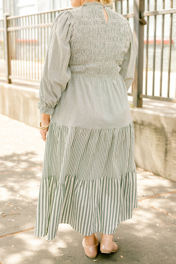 Chic Soul plus size clothing, olive green and white vertical pin stripe long sleeve tiered maxi dress with bubble sleeves and ruffles at the end and textured bodice 
