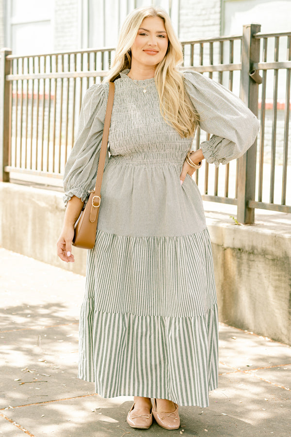 Chic Soul plus size clothing, olive green and white vertical pin stripe long sleeve tiered maxi dress with bubble sleeves and ruffles at the end and textured bodice 
