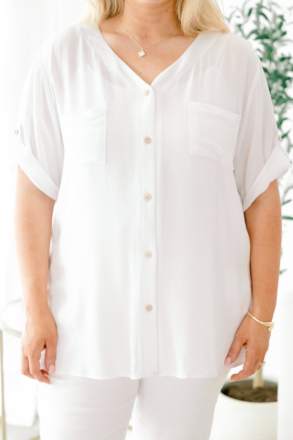 Chic Soul plus size clothing, white button down short sleeve top with cuff sleeves