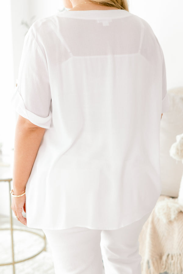 Chic Soul plus size clothing, white button down short sleeve top with cuff sleeves