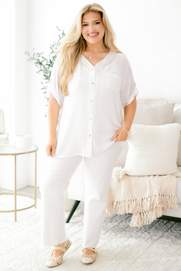 Chic Soul plus size clothing, white button down short sleeve top with cuff sleeves