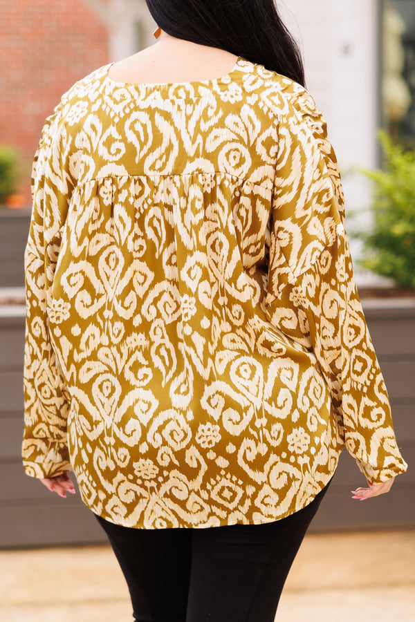 Chic Soul plus size clothing, olive abstract pattern long sleeve blouse with a v neckline