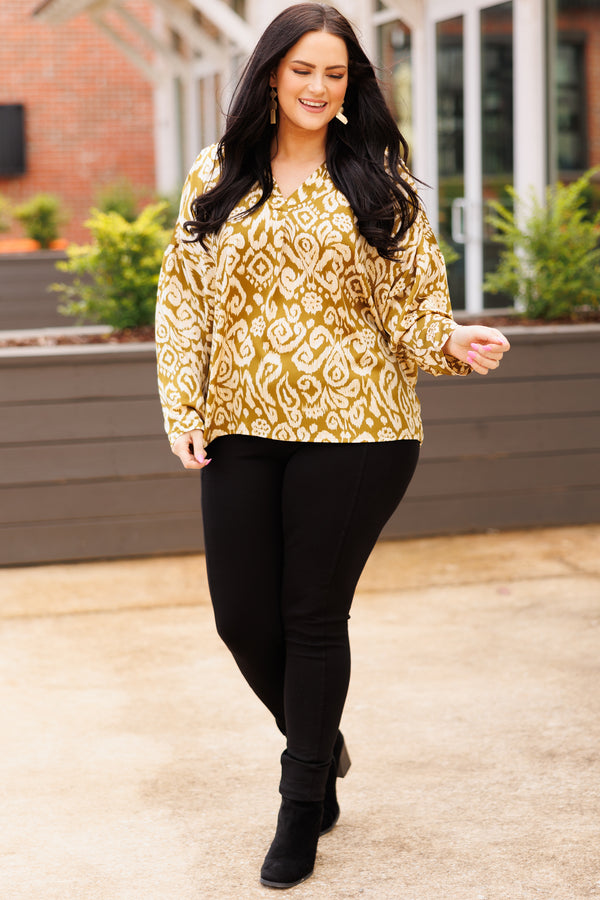 Chic Soul plus size clothing, olive abstract pattern long sleeve blouse with a v neckline