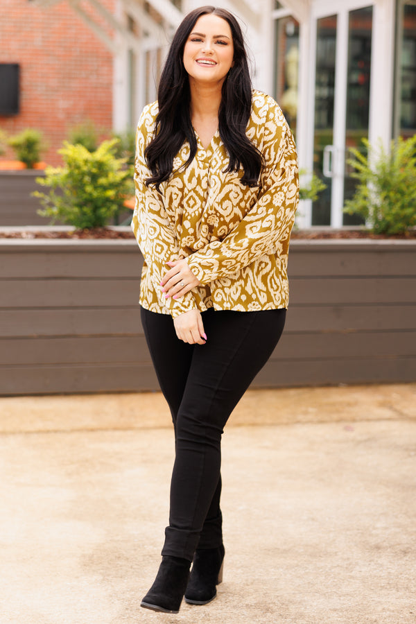Chic Soul plus size clothing, olive abstract pattern long sleeve blouse with a v neckline
