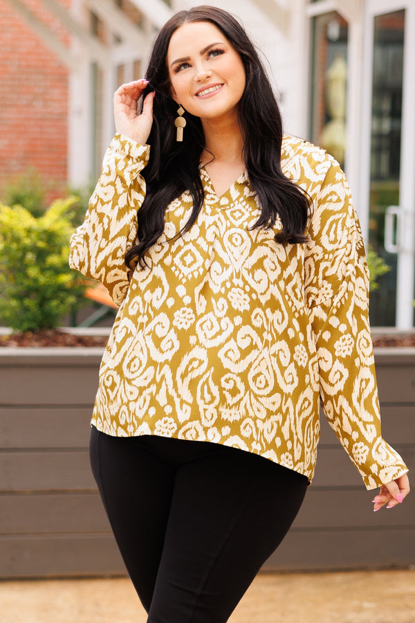 Chic Soul plus size clothing, olive abstract pattern long sleeve blouse with a v neckline