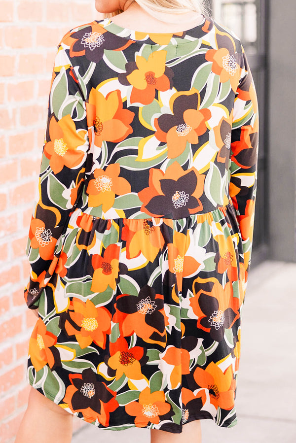 Chic Soul plus size clothing, rust flowy floral pattern dress at knee length