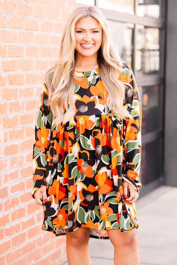 Chic Soul plus size clothing, rust flowy floral pattern dress at knee length