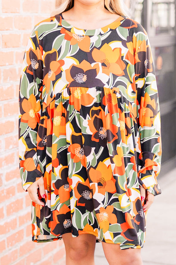 Chic Soul plus size clothing, rust flowy floral pattern dress at knee length