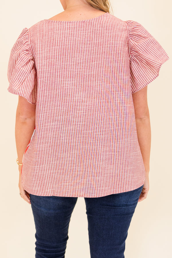 Chic Soul plus size clothing, red and white large polka dot top with red and white pinstripe short sleeves with ruffle detail with round neckline