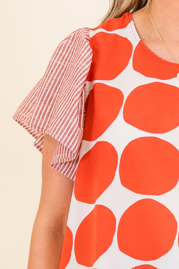 Chic Soul plus size clothing, red and white large polka dot top with red and white pinstripe short sleeves with ruffle detail with round neckline