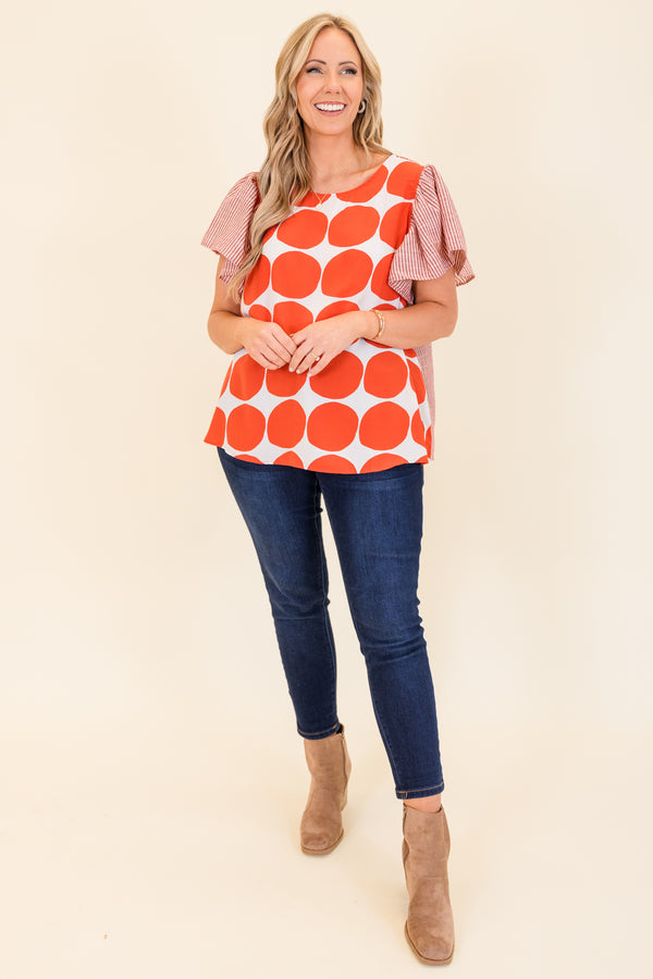 Chic Soul plus size clothing, red and white large polka dot top with red and white pinstripe short sleeves with ruffle detail with round neckline