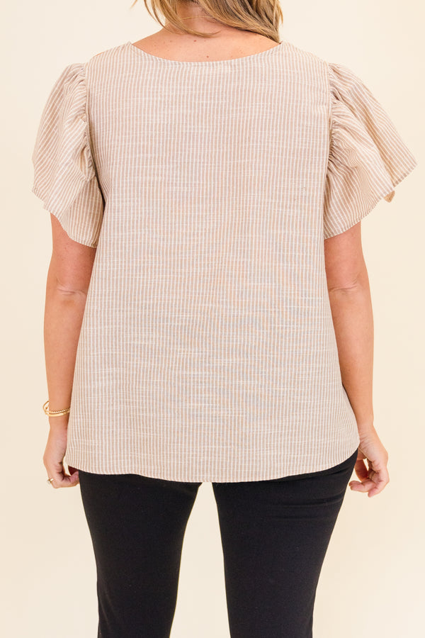 Chic Soul plus size clothing, taupe short sleeve top with orange and white polka dot print on front with taupe and white pinstripe pattern along sleeves and back