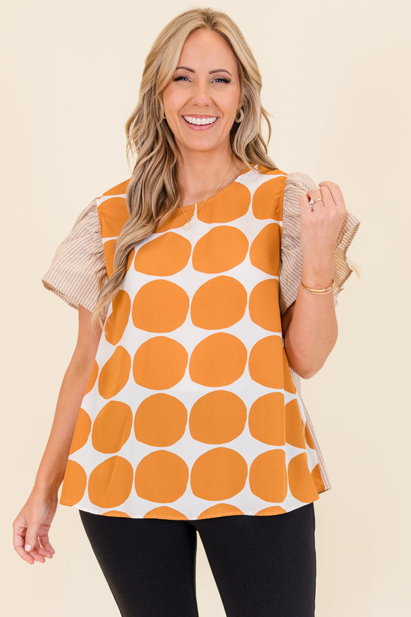 Chic Soul plus size clothing, taupe short sleeve top with orange and white polka dot print on front with taupe and white pinstripe pattern along sleeves and back