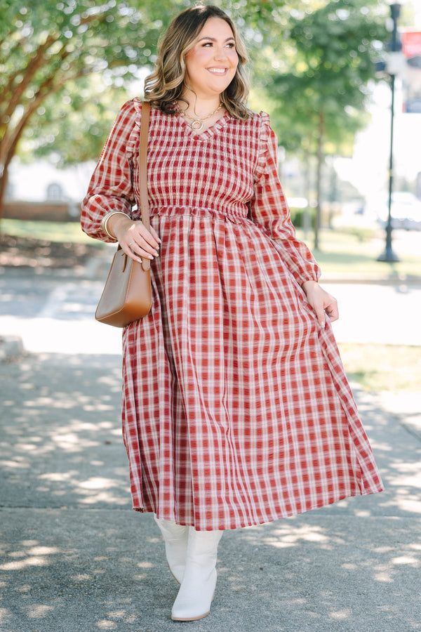 Plus Size red plaid midi dress with a smocked bodice, ruffled neckline, and long balloon sleeves.