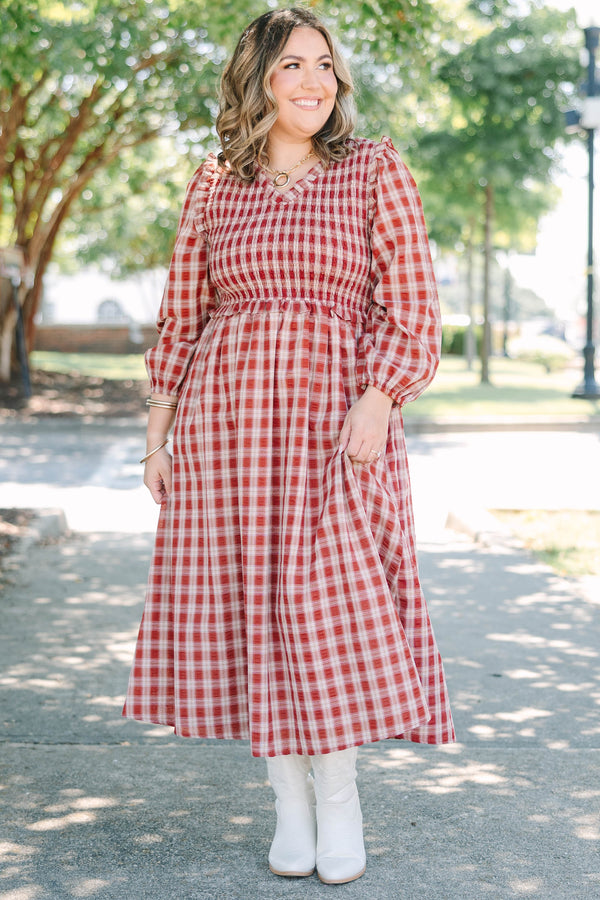 Plus Size red plaid midi dress with a smocked bodice, ruffled neckline, and long balloon sleeves.
