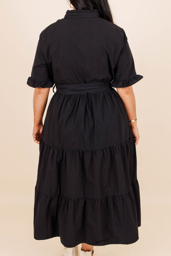 Chic Soul plus size clothing, black ruffle tiered midi dress with a tie at waist