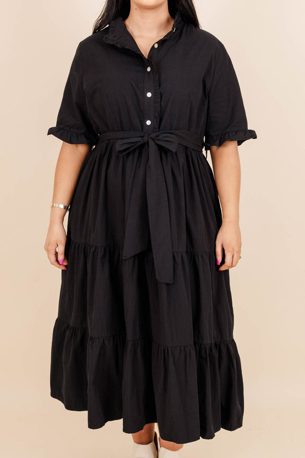 Chic Soul plus size clothing, black ruffle tiered midi dress with a tie at waist