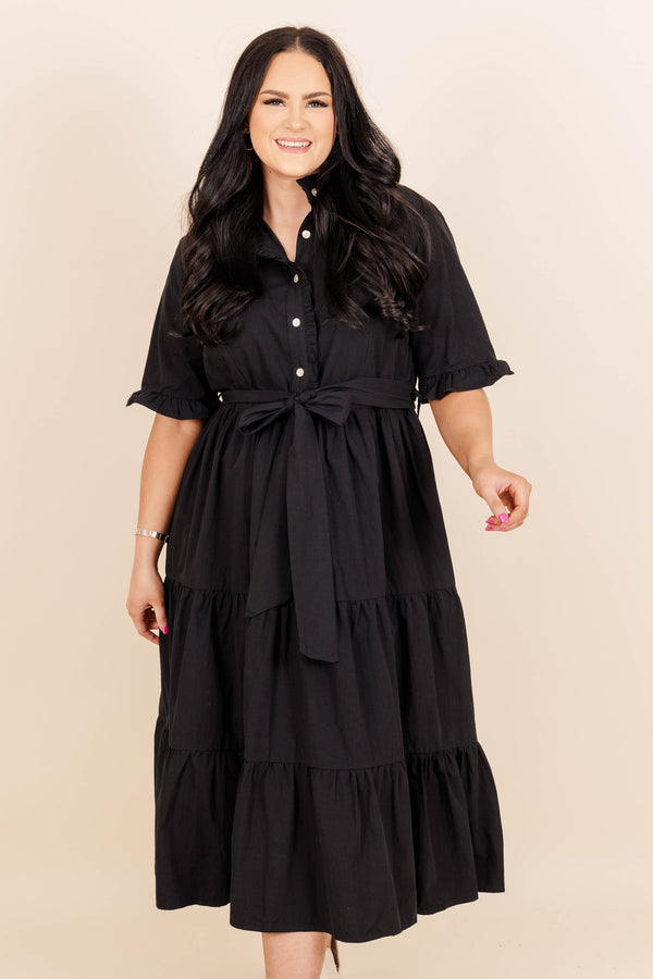 Chic Soul plus size clothing, black ruffle tiered midi dress with a tie at waist