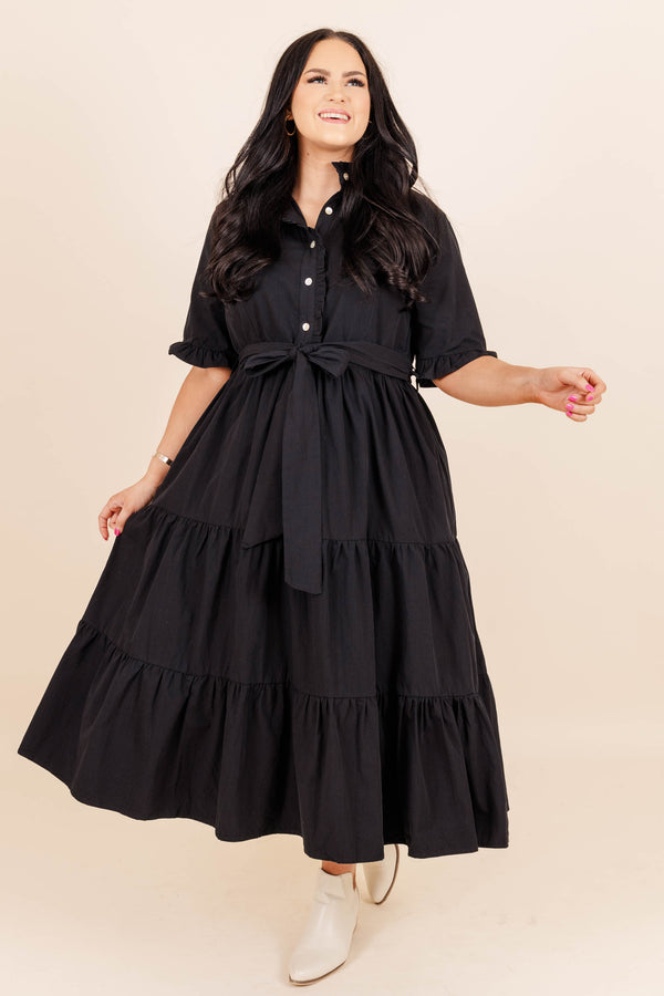 Chic Soul plus size clothing, black ruffle tiered midi dress with a tie at waist