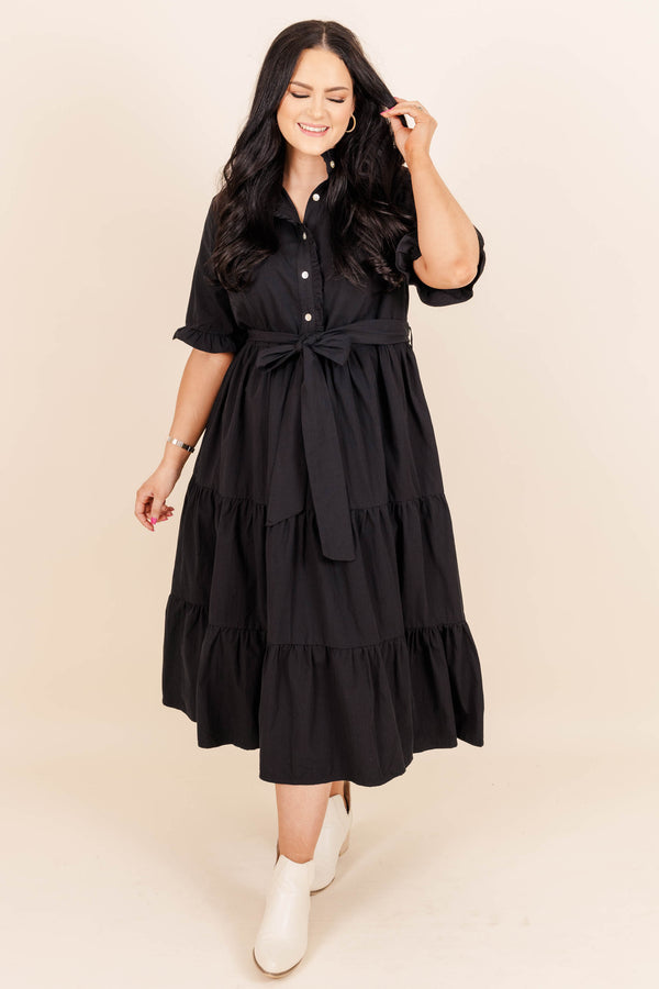 Chic Soul plus size clothing, black ruffle tiered midi dress with a tie at waist